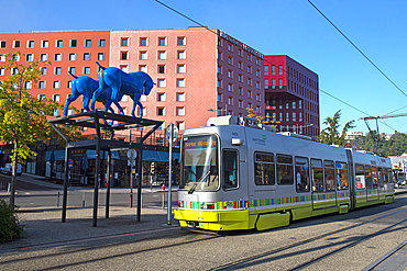 The Blue Horses of the artist Assan Smati, overlooking the tram line between the train station and the Ilot Poste-Weiss, Architects ECDM, Chateaucreux district, Saint-Etienne, Loire department, Auvergne-Rhone-Alpes region, France, Europe