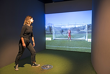 Device allowing visitors to simulate a shot on goal, Museum of Stade Geoffroy-Guichard, Saint-Etienne, Loire department, Auvergne-Rhone-Alpes region, France, Europe