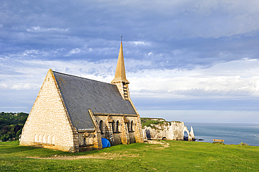 Notre-Dame de la Garde Chapel on the top of cliff, Etretat, Seine-Maritime department, Normandy region, France, Europe