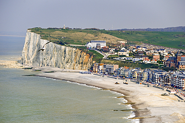 Sea front and beach of Mers-Les-Bains seen from Le Treport, Somme department, Picardie region, France, Europe