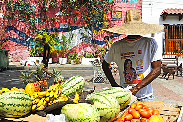 Street vendor selling fruit in Getsemani area, Cartagena, Colombia, South America