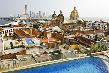 View toward the Church of San Pedro Claver, UNESCO World Heritage Site, from the top of the Movich Hotel in the downtown colonial walled city, Cartagena, Colombia, South America