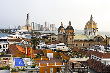 View toward the Church of San Pedro Claver, UNESCO World Heritage Site, from the top of the Movich Hotel in the downtown colonial walled city, Cartagena, Colombia, South America