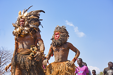 Masked dancers, The Kulamba Traditional Ceremony of the Chewa people from Zambia, Mozambique and Malawi, held annually on the last Saturday in August to pay homage to their Chief Kalonga Gaia Uni, held near Katete, Eastern Province, Zambia, Africa