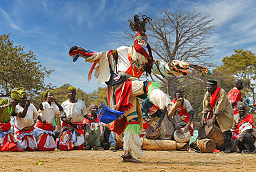 Masked dancer, The Kulamba Traditional Ceremony of the Chewa people from Zambia, Mozambique and Malawi, held annually on the last Saturday in August to pay homage to their Chief Kalonga Gaia Uni, held near Katete, Eastern Province, Zambia, Africa