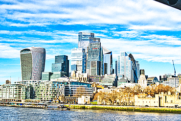 London's cityscape features modern skyscrapers, including the Walkie-Talkie and the Leadenhall Building, juxtaposed against older structures along the Thames River under a bright, partly cloudy sky.