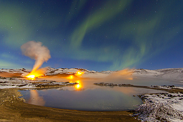 Nothern lights over Lake Myvatn geothermal area, Iceland.