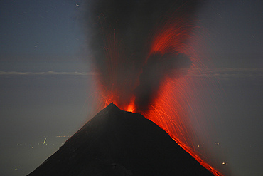 December 30, 2007 - Lava is flung high in the air during a nighttime eruption of Fuego volcano, Antigua, Guatemala.