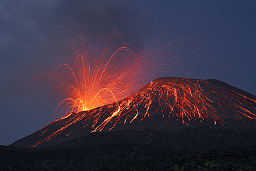 May 20, 2008 - Lava bomb trajectories visible during nighttime vulcanian eruption of Anak Krakatau volcano, Sunda Strait, Java, Indonesia.