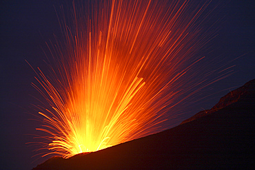 May 21, 2008 - Lava bomb trajectories visible during nighttime vulcanian eruption of Anak Krakatau volcano, Sunda Strait, Java, Indonesia.
