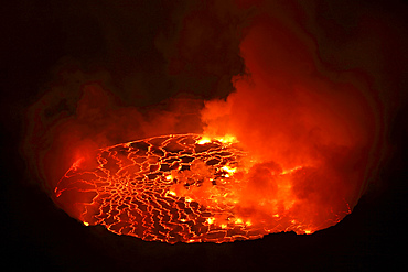 January 21, 2011 - Nighttime view of lava lake in pit crater, Nyiragongo Volcano, Democratic Republic of the Congo.