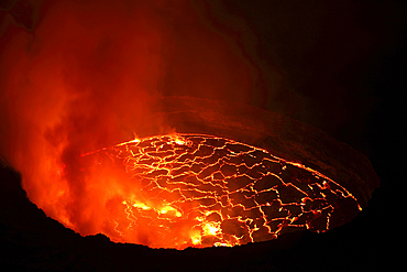 January 21, 2011 - Nighttime view of lava lake in pit crater, Nyiragongo Volcano, Democratic Republic of the Congo.