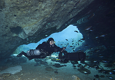 A technical cave diver using a diver propulsion vehicle (DPV) to dive into the Blue Springs state park cave system near Marianna, Florida.