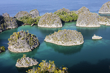 Limestone islands surround a beautiful lagoon in Raja Ampat, Indonesia. This remote region is known as the heart of the Coral Triangle due to its extraordinary marine biodiversity.