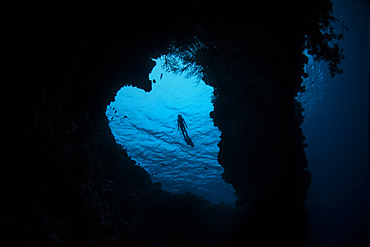 Snorkeler exploring heart-shaped reef in Banda Sea, Indonesia.