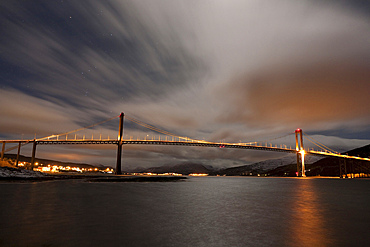 Dramatic sky over Tjeldsund Bridge in Troms County, Norway.