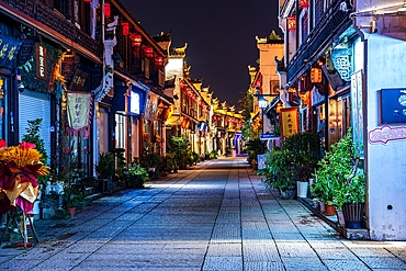 Guzicheng, ancient city of Jinhua City, at night. Zhejiang Province, China. The ancient city has a history of 1700 years and was the epicenter of Jinhua's historical development. Several historical buildings still remain intact.