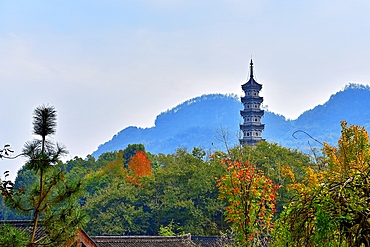 Yanfu Pagoda at Yanfu Temple, Wuyi County, Jinhua City, Zhejiang, China. The temple was first built in 927 (rebuilt 1317) is still standing, however all contents were moved into the temple's new buildings in the vicinity.