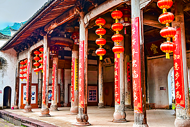 Audience seating gallery of the village performance theatre in Yuyuan Ancient Village, Wuyi County, Jinhua City, Zhejiang Province, China. The village has more than 1000 ancient buildings dating as far back as the Song Dynasty 1000 years ago.