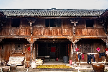 Still inhabited ancient wooden house in Yuyuan Ancient Village, Wuyi County, Jinhua City, Zhejiang Province, China. The village has more than 1000 ancient buildings dating as far back as the Song Dynasty 1000 years ago.