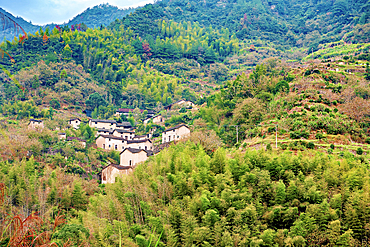 Picturesque Shanxiabao village on the hillside, Wuyi County, Jinhua City, Zhejiang Province, China. Under cultural protection, the 800 year old ancient village was featured in Chinese National Geography and still has buildings from 1723-1735.