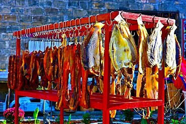 Cured fish, meat and sausages being air dried at Yaoli ancient village, Jingdezhen, Jiangxi Province, China. This 2000 year old village has more than 250 heritage buildings from the Ming and Qing era.