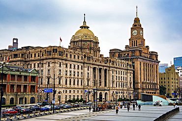 Heritage buildings along the Bund on an overcast day, Shanghai, China.