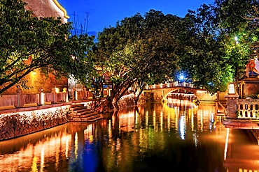 ShangXia Hang historical cultural district during the blue hour, Fuzhou, Fujian Province, China. The district retained and restored many heritage buildings from the Ming and Qing Dynasties to the Republic of China Era.
