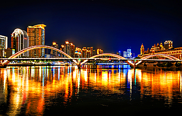 JieFang (Liberation) Bridge over the Minjiang River at night. Fuzhou, Fujian Province, China.