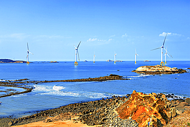 Windmills in the sea. Pingtan Island, Fuzhou City, Fujian Province, China.