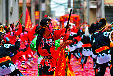 Yingge Dance performers at a parade in Puning City, Guangdong Province, China. A native dance to the Chaozhou and Shantou area dating back to the Yuan dynasty. Incorporates martial arts and drama. Current characters from the Chinese classic, Water Margin.