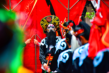 Yingge Dance performers at a parade in Puning City, Guangdong Province, China. A native dance to the Chaozhou and Shantou area dating back to the Yuan dynasty. Incorporates martial arts and drama. Current characters from the Chinese classic, Water Margin.