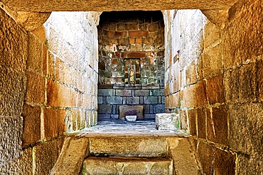 Ancient stone carving inside the Wanshou Pagoda at Baogai Shan, Shishi City, Fujian, China. This stone pagoda, built during the Song Dynasty is more than 800 years old.