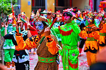 Yingge Dance performers at a parade in Puning City, Guangdong Province, China. A native dance to the Chaozhou and Shantou area dating back to the Yuan dynasty. Incorporates martial arts and drama. Current characters from the Chinese classic, Water Margin.