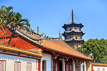 Kaiyuan Temple and the East Pagoda. Quanzhou: Emporium of the World (UNESCO World Heritage), Fujian Province, China. First built in 868 A.D. the temple was destroyed and rebuilt many times. The East Pagoda was first built in 865 A.D (rebuilt 1250).