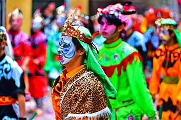 Yingge Dance performers at a parade in Puning City, Guangdong Province, China. A native dance to the Chaozhou and Shantou area dating back to the Yuan dynasty. Incorporates martial arts and drama. Current characters from the Chinese classic, Water Margin.