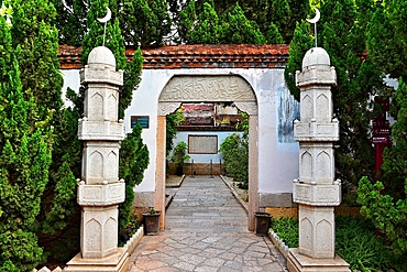 Qingjing Mosque (first built 1009) is the oldest surviving mosque in China. Quanzhou, Fujian Province, China. The inscription at the far end of the wall is the original notice for the protection of the mosque issued in 1407A.D.