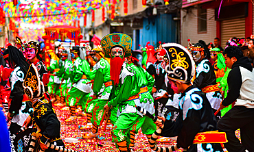 Yingge Dance performers at a parade in Puning City, Guangdong Province, China. A native dance to the Chaozhou and Shantou area dating back to the Yuan dynasty. Incorporates martial arts and drama. Current characters from the Chinese classic, Water Margin.