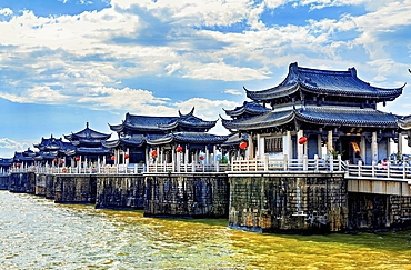 The pavilions of Guangji Bridge, built 1170, it is one of China's four famous ancient bridges. The bridge is connected by 18 boats that can be removed to allow passage of vessels. Chaozhou, Guangdong province, China