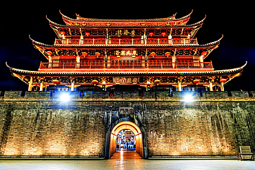 Guangji Gate Tower at night, built in 1370, the gate leads into Chaozhou ancient city, Paifang street, Chaozhou City, Guangdong Province, China