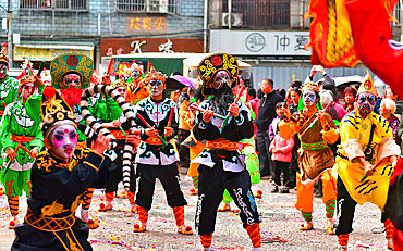 Yingge Dance performers at a parade in Puning City, Guangdong Province, China. A native dance to the Chaozhou and Shantou area dating back to the Yuan dynasty. Incorporates martial arts and drama. Current characters from the Chinese classic, Water Margin.