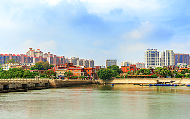 City view of Quanzhou with Luoyang Bridge on the left. The is China's first stone bay bridge (built 1059), and is one China's four famous ancient bridges. Quanzhou: Emporium of the World (UNESCO World Heritage), Fujian Province, China.