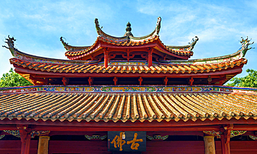 Roof of the main hall of Kaiyuan Temple, Quanzhou: Emporium of the World (UNESCO), Fujian Province, China. First built 686 A.D., the temple site houses relics and structures predating the temple itself (up to 1800 years).