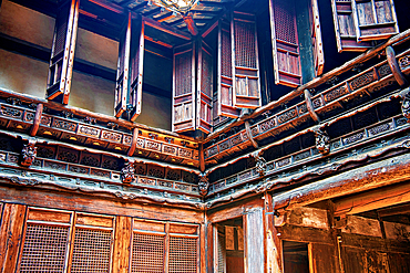 A traditional house with fine woodworks at Qiankou Residences, Huangshan, Anhui Province, China. The compound comprise Hui style residences built during the Ming and Qing dynasties (1400s-1600s) by wealthy merchants.