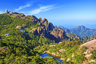 Meteorological station on Guangming Peak (top left). Huangshan (Mt Huang), UNESCO World Heritage and UNESCO Global Geopark, Anhui Province, China.
