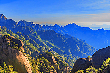 Misty mountain scapes of Huangshan (Mt Huang/Yellow Mountain), UNESCO World Heritage and UNESCO Global Geopark, Anhui Province, China.