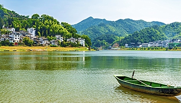 Green boat on XinAn River, WuFuShan Village, Huangshan, Anhui Province, China