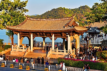 Entrance pavilion of Guangji Bridge that was, built in 1170, Chaozhou, Guangdong province, China. It is one of China's four famous ancient bridges. The bridge is connected by 18 boats that can be moved to allow passage for vessels.