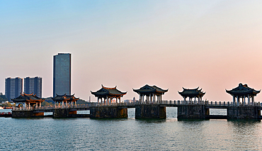 The pavilions of Guangji Bridge. The bridge was built in 1170, is one of China's four famous ancient bridges, Chaozhou, Guangdong province, China. The bridge is connected by 18 boats that can be moved to allow passage for vessels.