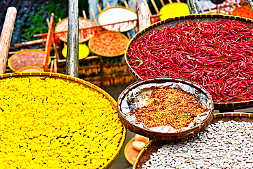 Chillies, chrysanthemum, etc. being sun dried in autumn, Huangling, Wuyuan County, Shangrao City, Jiangxi Province, China. Huangling is an ancient village that dates back to the Ming Dynasty more than 500 years ago and is known for its natural beauty.